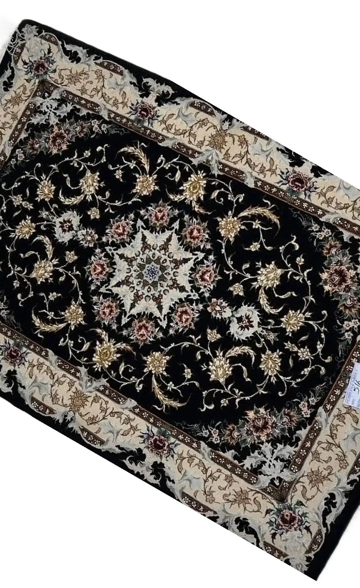 "Iranian carpet featuring floral motifs and a central medallion on a dark background"